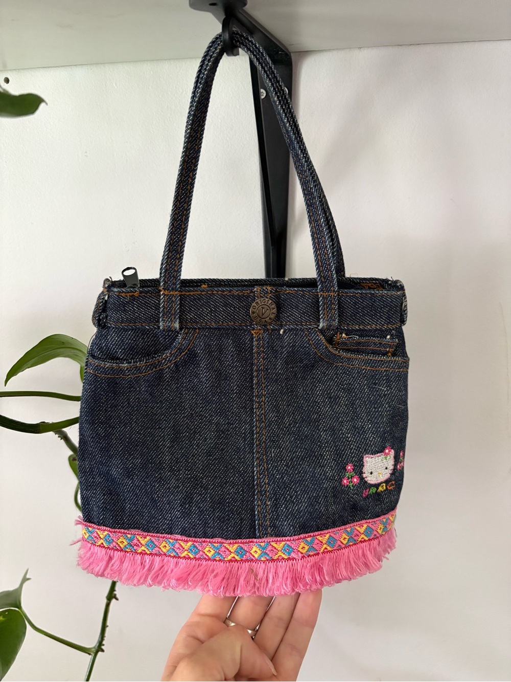 Denim Pink Trim Tote Bag with Kitty Embroidery